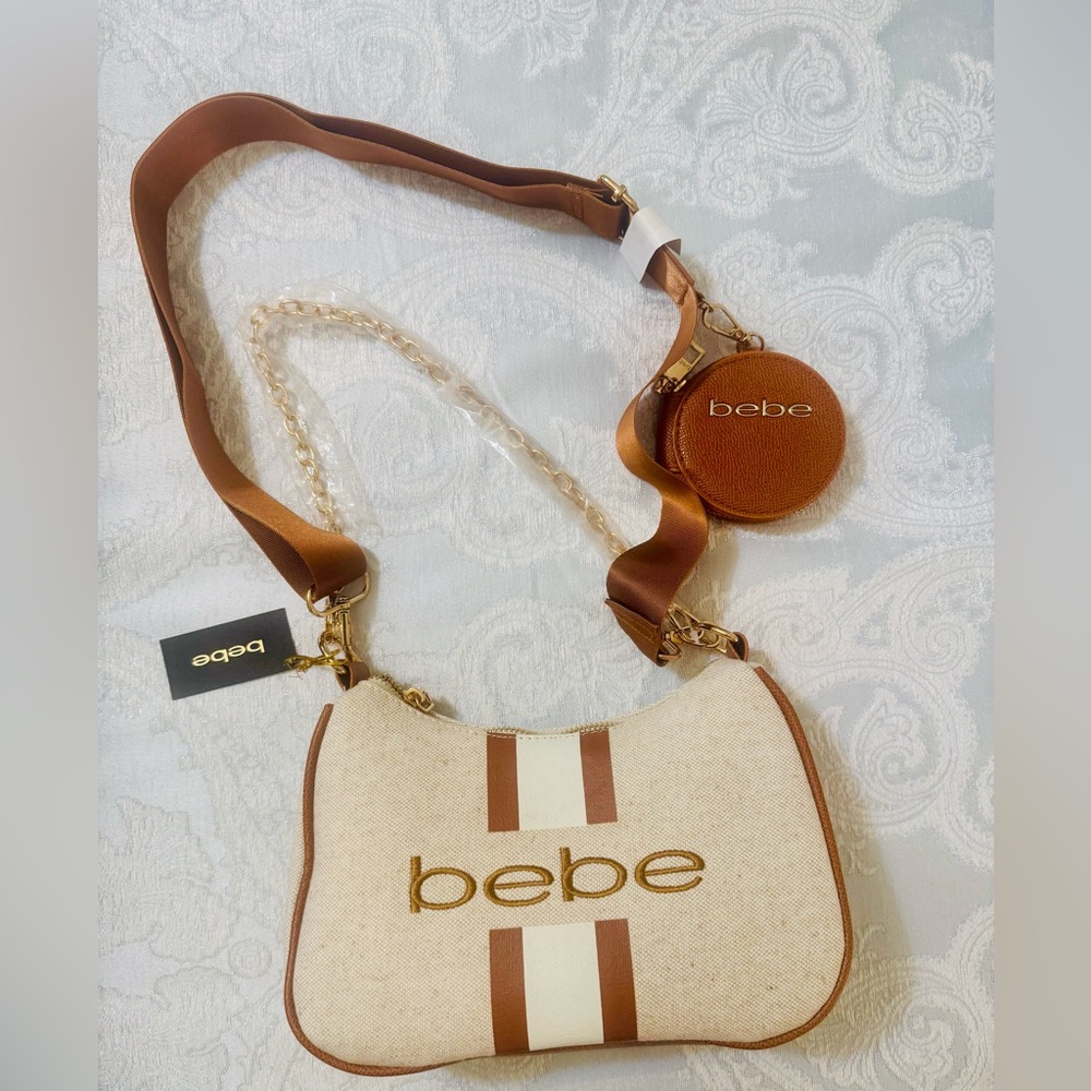 bebe Cream & Brown Canvas Crossbody with Coin Pouch
